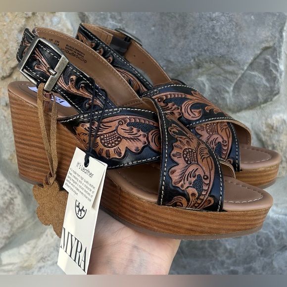 Myra Bag Shoes - MYRA Hand Tooled Leather Wedge Sandals Size 8 Western Boho Cowgirl Rodeo Concert